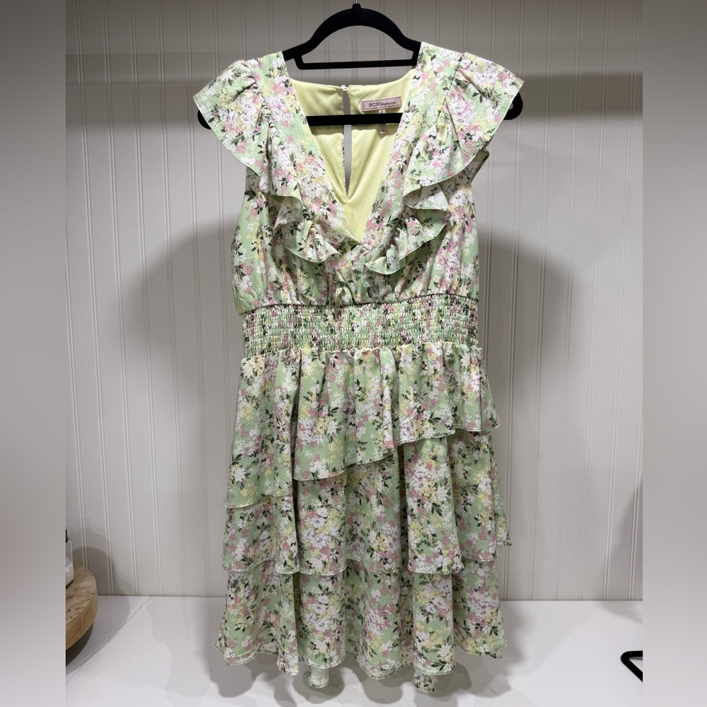 BCBGeneration Floral Smock Waist Ruffle Dress